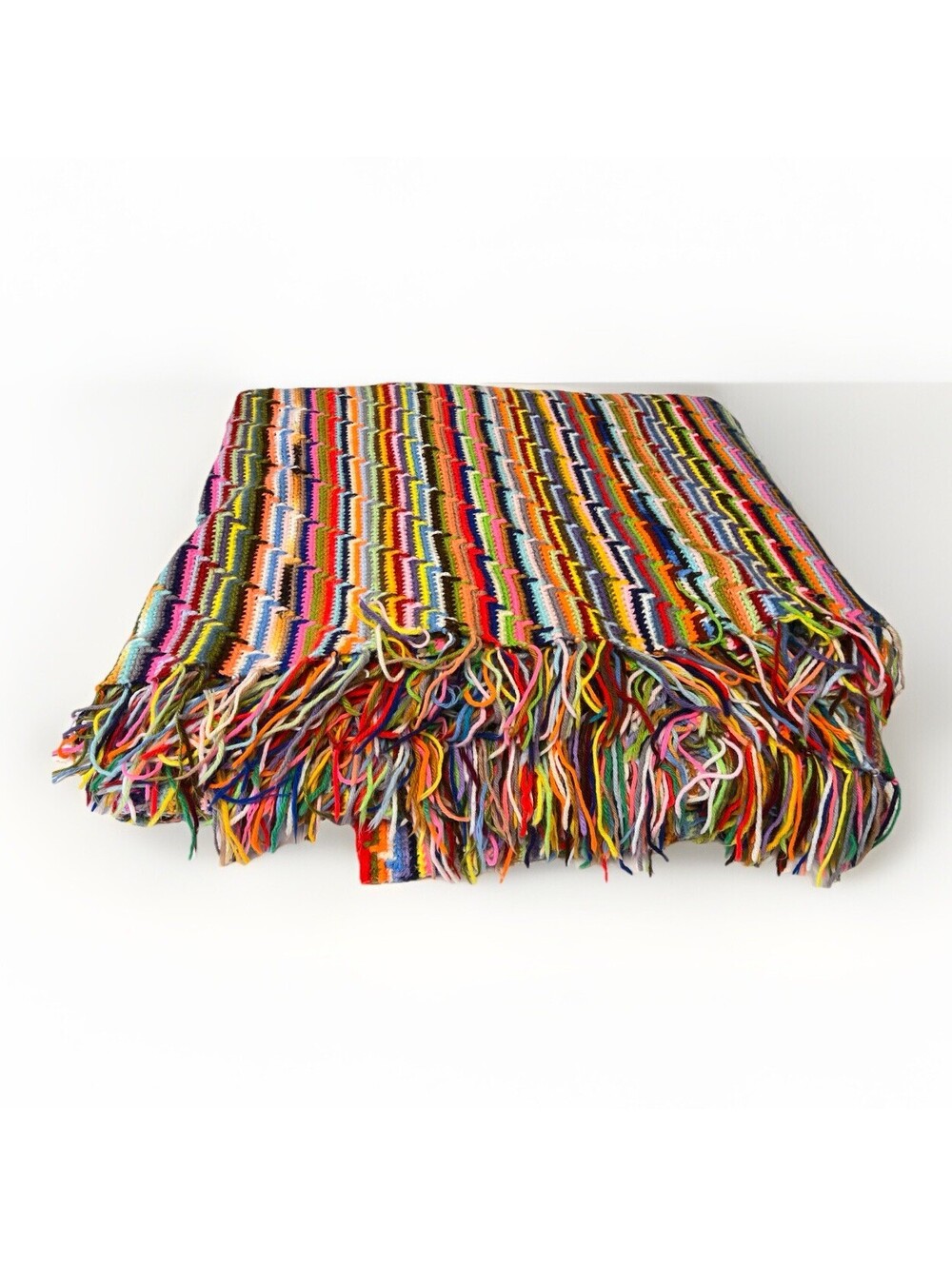 Large Knit Handmade Crocheted Afghan Blanket Rainbow Multi Color 80x92 Inch Vtg